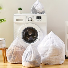 Resim 3'lü set çekme ipi koruyucu çamaşır torbası, makine yıkama iç çamaşırı ağ torbası, süveter giysiler için filtre yıkama ağ torbası, astarlı ceket ağ torbası, deformasyon önleyici kirli çamaşır saklama torbası, Çamaşır Torbaları 