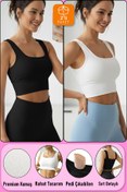 Resim SHİBA Kadın Crop 2'li Paket Siyah - Beyaz Pedli Spor Sütyeni Yarım Atlet Büstiyer Bluz 