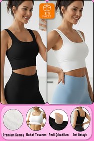 Resim SHİBA Kadın Crop 2'li Paket Siyah - Beyaz Pedli Spor Sütyeni Yarım Atlet Büstiyer Bluz 