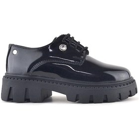 Resim Rakerplus Siyah Rugan Bağcıklı Kız Çocuk Taş Detaylı Okul Ayakkabı Siyah 