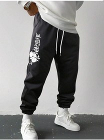 Resim Floral & Letter Graphic Drawstring Waist Eşofman Altı Siyah 