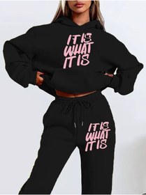 Resim classy moda Kadın 3 İplik Kapüşonlu Kanguru Cepli Eşofman Takımı IT IS WHAT IT IS Yazı Baskılı 