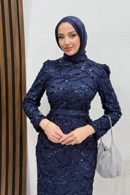 Resim lizatesettür Nivana Pullu Tül Abiye Lacivert 