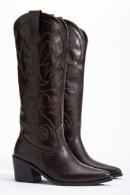 Resim DENORA Acı Kahve Mat Deri Sivri Burun Nakışlı Western Kovboy Bot Çizme 