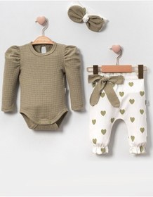 Resim Kalp Baskılı Bandanalı Lüx Waffle Kız Bebek Takım 3'lü Yeşil 