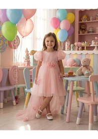 Resim Miss Liva Kız Çocuk Kuyruklu Tüllü Çiçek Detaylı Abiye Elbise Pembe 2-6 Yaş Pembe 