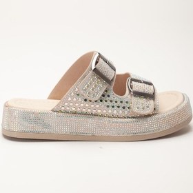 Resim Kadın Dolgu Topuklu Terlik Bej Çift Bantlı Taşlı Tokalı-4076 Bej 