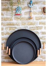 Resim 3 Lü Siyah 45,37,30 Ahşap Kulplu Siyah Metal Tepsi Çay Tepsisi Sunum Tepsi Seti Siyah 