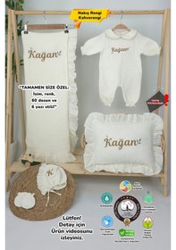 Resim Gros Shop Müslin Yeni Doğan 4katlı Organik %100pamuk Kişiye Özgü Nakışlı Hastane Çıkış Seti Yaprak Desen-2 Ekru-1 