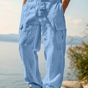 Resim Erkek Vintage Tarzı Keten Rahat Pantolon, Katı Renk Düz Bacaklı Pantolon, Çoklu Cep ile, Dış Mekan, Plaj, Tatil, Spor ve Günlük Giyim için Normal Beden, Tatil Kıyafeti | Düz Bacaklı Pantolon | Esnemez Kumaş 