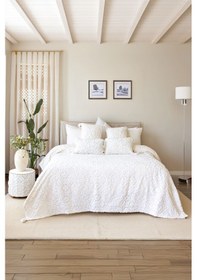 Resim İskandinav Yatak Örtüsü Seti Çift Kişilik Set Bohem Punch Panç Desen Motif Ekru Renkli 