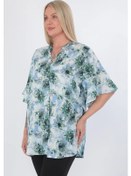 Resim Kadın Viskon Büyük Beden Desenli Hakim Yaka Gömlek Mavi 