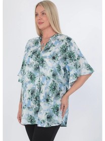Resim Kadın Viskon Büyük Beden Desenli Hakim Yaka Gömlek Mavi 