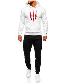 Resim Witcher Pençe Eşofman Takımı Beyaz Sweatshirt Siyah Jogger - Baskılı Oversize Şardonlu Kapüşonlu Beyaz 