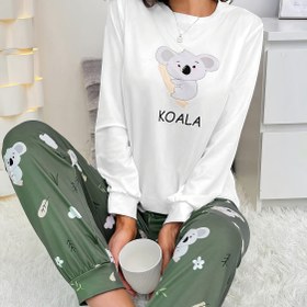 Resim Kadın Rahat Pijama Takımı - Koala Baskılı Uzun Kollu Yuvarlak Yaka Üst, Yeşil Pantolon, Yumuşak, Günlük Ev Giyimi, Sonbahar/Kış Koleksiyonu, Günlük Giyim, |Oyunbaz Baskılı Üst|Yumuşak Kumaş Pantolon, Kadın Pijamaları, Kadın Pijama Takımı, Kadınlar İçin Pijama Takımı 