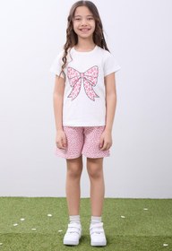 Resim Kız Çocuk Leopar Desenli Fiyonk Baskılı Şortlu Takım - Ekru-Pembe / 9-10 Yaş 