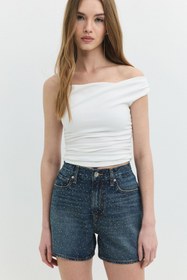 Resim DT11144 - DEBORAH Straight Fit Taşlı Orta İndigo Jean Şort - S 