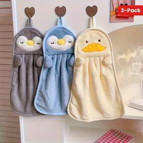 Resim 3 adet - Penguen Ördek Karikatür El Havlusu, Mercan Kadife Süper Yumuşak Emici ve Dökülmeyen, Sevimli Evcil Hayvan Desenli Banyo Silme Bezi, Üç Renk 