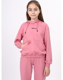 Resim Toontoy Kız Çocuk Oversize Kapüşonlu Cepli Düşük Omuz Baskılı Sweatshirt - 2 İplik Gülkurusu 