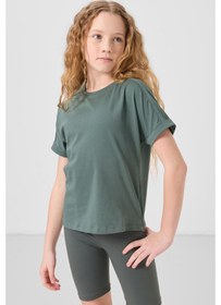 Resim Açık Yeşil Pamuklu O Yaka Oversize Fit Basic Kız Çocuk T-shirt - 75182 Yeşil 