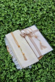 Resim Hediyelik Pamuklu Seccade Seti S1004 Siyah Krem 