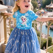 Resim Disney Princess kız elbisesi - Elsa kar ve kalp desenli tüll etek kısa kollu, mavi ve beyaz parıltılı parti kıyafeti doğum günleri, temalı etkinlikler, prenses parti elbisesi, temalı etkinlik kıyafeti, parıltılı süslemeler, orta elastikiyetli kumaş 