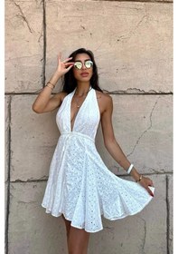 Resim Fashion Cocktail Marilyn Monroe Fistolu Sırt Dekolte Bağcıklı Delikli Çan Etek Dalgalı Kloş Etek Yazlık Tatil Elbise Beyaz 