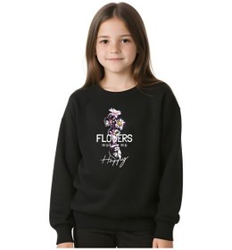 Resim Flowers Baskılı Kız Çocuk Yuvarlak Yaka Siyah Sweatshirt Siyah 