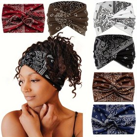 Resim Kadınlar için 6-Pack Boho Esnek Turban Başlıkları - Pamuk Blend Knit Kumaş, Esnek Geniş Bandana Saç Bantları, Yoga, Fitness ve Her Gün Stil için Çok Yönlü Baş Sarıcılar 