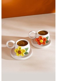 Resim Rivaistanbul Renkli Papatya Amore El Yapımı Seramik İkili Türk Kahvesi Fincan Takımı Krem 