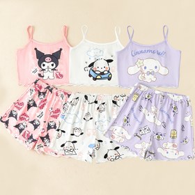 Resim Rastgele verilen alev geciktirici Amerikan çocuk ürünleri takibi etiketi üst kısmın içine dikilmiş, giysileri açıp kontrol edin Sanrio kızların yazlık askılı şortları sevimli ev giyimi rahat pijama takım elbisesi 