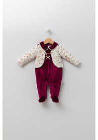 Resim Babyhola Kadife Patikli Kız Bebek Tulum 0-12 Ay Retro Ceketli Görünümlü Hediyelik Nostaljik Bayramlık 13433 Bordo 