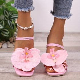 Resim Kadınlar için Çiçekli Yüksek Topuklu Sandaletler - Ultra-Yüksek Stiletto Topuklar, Sentetik Kaplama İç Tabanlı ve TPR Taban ile Açık Burunlu Giyim, Bahar/Yaz Günlük ve Resmi Etkinlikler için Şık Pembe Çiçek Tasarımı 