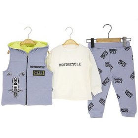 Resim Elyaflı Yelek Motorcycle Baskılı Üçlü Alt Üst Takım Mavi 