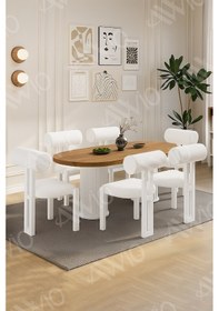 Resim Avvio Lizy Bohem Ayak 6'lı Metal Pofi Demonte Sandalye 80x160 Masa Sandalye Takımı Akça Masa Sandalye Beyaz Kumaş Krem 
