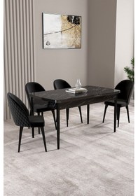 Resim Milas Siyah Mermer Desen 80x132 Mdf Açılabilir Yemek Masası Takımı 4 Adet Sandalye Siyah 