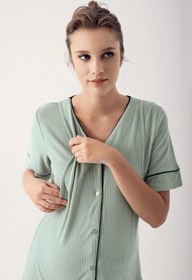 Resim Düğmeli Kısa Kollu Esnek Viskoz Hamile Pijama Takımı 14209 - Bej / XL 