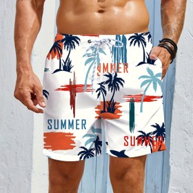 Resim Erkek Yüzme Şortları - Tropikal Palmiye Desenli Hızlı Kuruyan Board Shorts - Havuz, Tatil, Spor Salonu için Esnek Olmayan Plaj Pantolonları - Bol Kesim Günlük Board Shorts Lacivert/Beyaz/Turuncu Renk Bloğu - Makinede Yıkanabilir Yazlık Mayo, Tatil Kıyafeti, Yaz Temalı Tasarım 