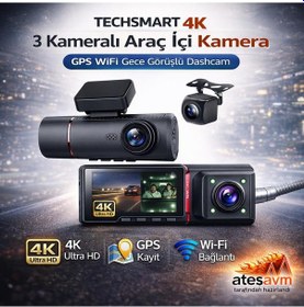 Resim Techsmart Ghk-1008-3plus 4k 3 Kameralı Gps Wıfı Araç İçi Kamera 