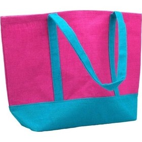 Resim Jütburada Doğal Pembe Renk Jüt Çanta Hasır Çanta, Plaj Çantası, Alışveriş Çantası Mavi - Pembe 