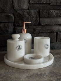 Resim Beyaz Mermer Rose Gold Pompalı, Pamukluk Kendinden Tutmalı 5'li Set Beyaz 