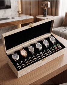 Resim Decart Dizayn Lüks Saat ve Yüzük Saklama Kutusu 6’lı Bölmeli Kadife İç Kaplama Premium Organizer 