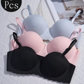 Resim 3 Parça Kadınlar İçin Kablosuz Sütyen Seti - Telsiz, Push-Up & Kaldırma, Kaymaz Askılar, Yumuşak Nefes Alabilen Kumaş, Düz Renk (Pembe, Açık Mavi, Siyah) Günlük ve Özel Günler İçin, Şık Tasarım, Rahat Kalıp 