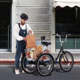 Resim Yetişkinler İÇin Üç Tekerlekli Bisiklet, 24 İNç 7 Hızlı Üç Tekerlekli Bisiklet, Yüksek Karbonlu Çelik Çerçeve, Saklama Sepeti, Ayarlanabilir Koltuk Yüksekliği, İŞe Gidip Gelmek İÇin,Blue 