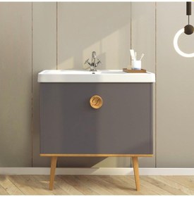 Resim Denko Lubia 80 Cm Mdf Koyu Gri Banyo Dolabı Alt Modül Ve Lavabo Gri 