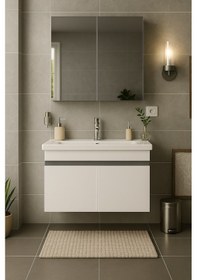 Resim Arista 80 Cm Beyaz Mdf, Seramik Lavabolu, Banyo Dolabı Takımı Beyaz 