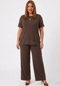 Resim Kadın Büyük Beden Kısa Kollu Dantel Güpür Detaylı Eşofman Takımı 8255-26 - Kahverengi / 4XL 