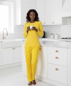 Resim Guava Kadın Sarı Çiçek Desen Mevsimlik Pamuklu Penye Uzun Kol Cepli Pijama Takımı-slim Fit Dar Kalıp Sarı 