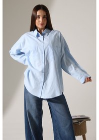 Resim Yeni Sezon Poplin Kumaş Çift Cepli Oversize Pamuklu Kadın Tunik Gömlek Mavi 