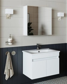 Resim Roomart Al3 Ayaksız 2 Kapaklı Lavabolu Mdf 65 Cm Banyo Dolabı Aynalı Üst Dolabı Mat Beyaz 